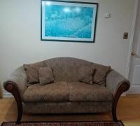 SOFA PARA 2 O 3 PERSONAS, HERMOSAS ALFOMBRAS, CUADROS DECORATIVOS Y LAMPARAS CON BUENA ILUMINACION