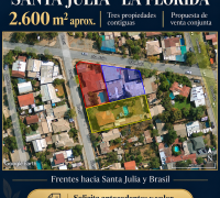 enta conjunta de tres inmuebles urbanos en Santa Julia y calle Brasil, La Florida, con 2.600 m² aproximados. Una oportunidad para evaluar su fusión predial y un desarrollo habitacional de hasta 5 pisos, sujeto a verificación normativa y aprobación municipal.