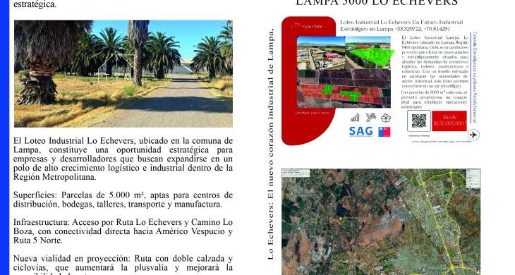 Parcelas industriales en venta en Lampa, terrenos de 5000 m² en sector Lo Echevers con conectividad estratégica.