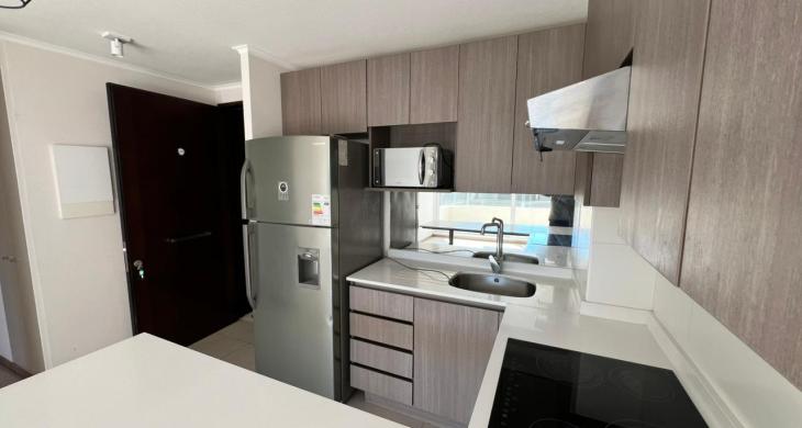 Ambiente integrado con cocina moderna de concepto abierto, ideal para optimizar espacios