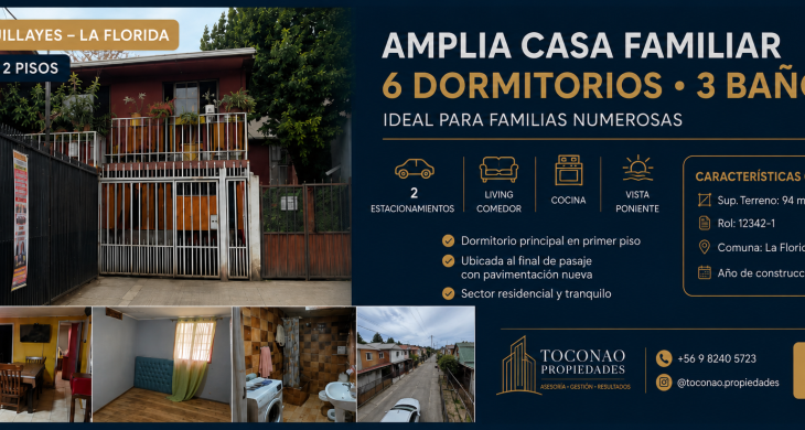Amplia casa familiar de 2 pisos en sector Los Quillayes, La Florida, ubicada en un entorno residencial consolidado, tranquilo y de carácter familiar, al interior de pasaje con pavimentación recientemente renovada.  La propiedad cuenta con una excelente distribución y amplios espacios, ideal para familias numerosas, quienes requieren dormitorios adicionales para estudio, home office o recibir visitas.  Dispone de 6 dormitorios y 3 baños, con dormitorio principal ubicado en el primer piso, living, comedor.